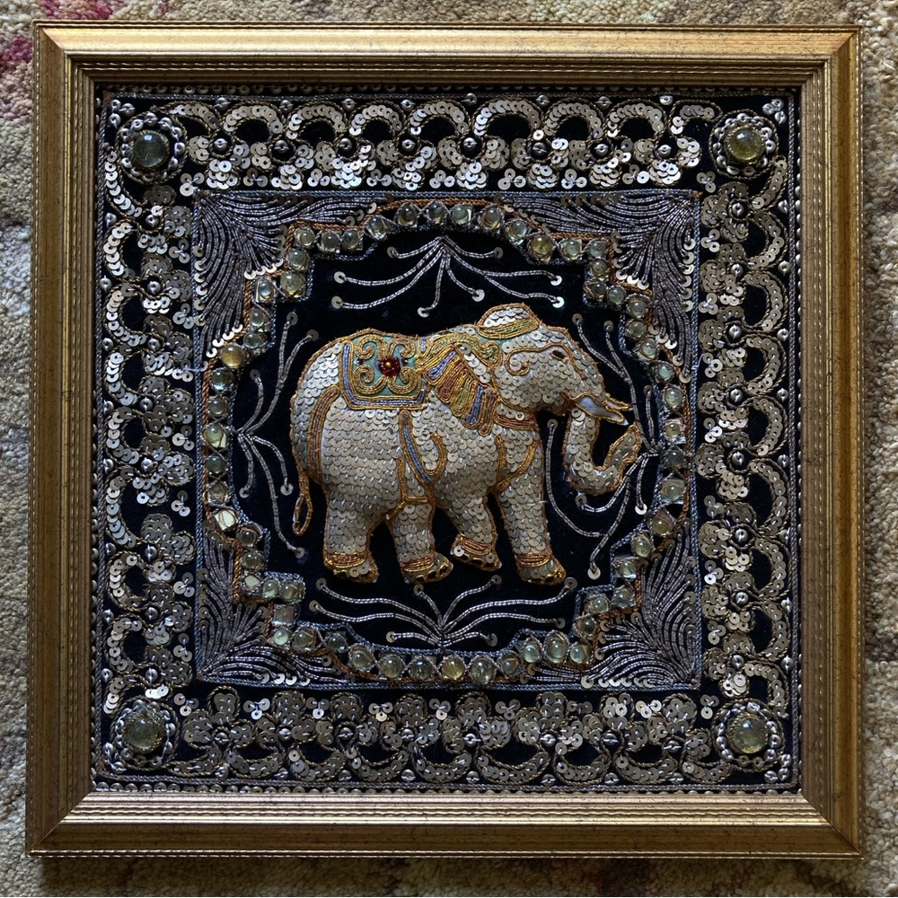 RARE KALAGA SHWE GYI Technique Elephant Wall Art Tapestry Felt Pic VTG (1 of 2)